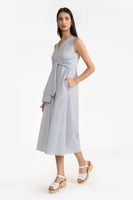 Shop Perona Blue Cotton Stripe V Neck Pattern Belted Dress Online at Aza Fashions Shop_Perona_Blue Cotton Stripe V Neck Pattern Belted Dress _Online_at_Aza_Fashions