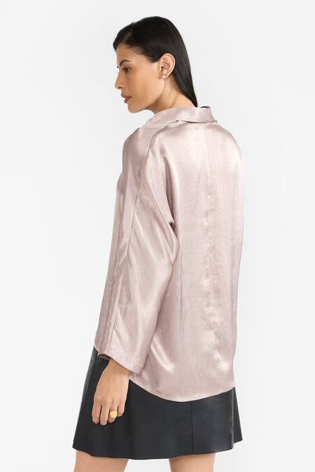 Shop Perona Pink Satin Plain Collared Neck Moana Asymmetric Hem Shirt at Aza Fashions Shop_Perona_Pink Satin Plain Collared Neck Moana Asymmetric Hem Shirt _at_Aza_Fashions