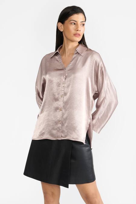 Buy Perona Pink Satin Plain Collared Neck Moana Asymmetric Hem Shirt Online at Aza Fashions Buy_Perona_Pink Satin Plain Collared Neck Moana Asymmetric Hem Shirt _Online_at_Aza_Fashions