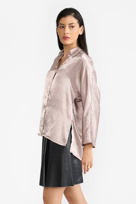 Shop Perona Pink Satin Plain Collared Neck Moana Asymmetric Hem Shirt Online at Aza Fashions Shop_Perona_Pink Satin Plain Collared Neck Moana Asymmetric Hem Shirt _Online_at_Aza_Fashions