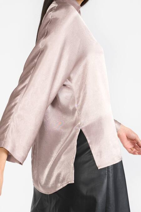 Buy Perona Pink Satin Plain Collared Neck Moana Asymmetric Hem Shirt Buy_Perona_Pink Satin Plain Collared Neck Moana Asymmetric Hem Shirt