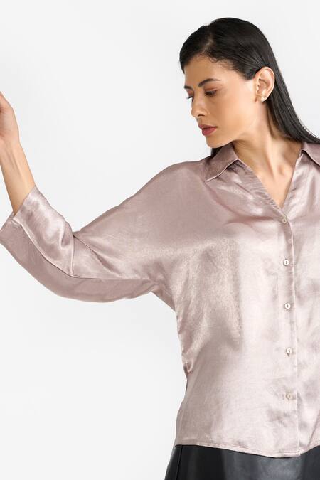 Shop Perona Pink Satin Plain Collared Neck Moana Asymmetric Hem Shirt Shop_Perona_Pink Satin Plain Collared Neck Moana Asymmetric Hem Shirt