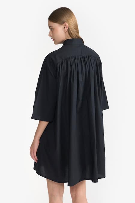 Perona Black Cotton Plain Collared Neck Myra Dress Online at Aza Fashions Perona_Black Cotton Plain Collared Neck Myra Dress _Online_at_Aza_Fashions