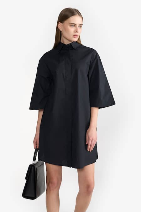 Buy Perona Black Cotton Plain Collared Neck Myra Dress Online at Aza Fashions Buy_Perona_Black Cotton Plain Collared Neck Myra Dress _Online_at_Aza_Fashions