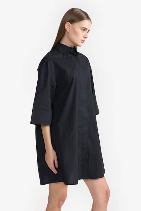 Shop Perona Black Cotton Plain Collared Neck Myra Dress Online at Aza Fashions Shop_Perona_Black Cotton Plain Collared Neck Myra Dress _Online_at_Aza_Fashions