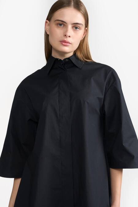 Perona Black Cotton Plain Collared Neck Myra Dress at Aza Fashions Perona_Black Cotton Plain Collared Neck Myra Dress _at_Aza_Fashions