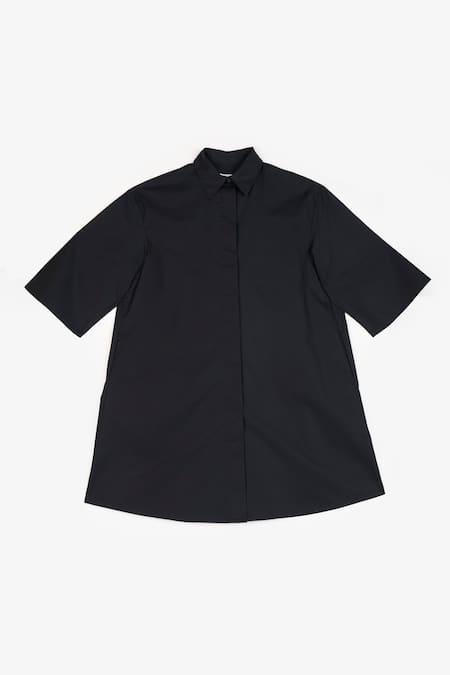 Buy Perona Black Cotton Plain Collared Neck Myra Dress Buy_Perona_Black Cotton Plain Collared Neck Myra Dress