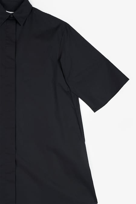Shop Perona Black Cotton Plain Collared Neck Myra Dress Shop_Perona_Black Cotton Plain Collared Neck Myra Dress