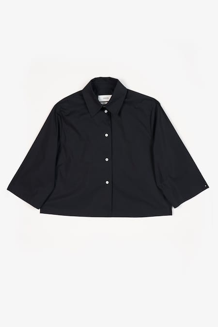 Perona_Black Cotton Plain Collared Neck Penny Cropped Shirt _at_Aza_Fashions