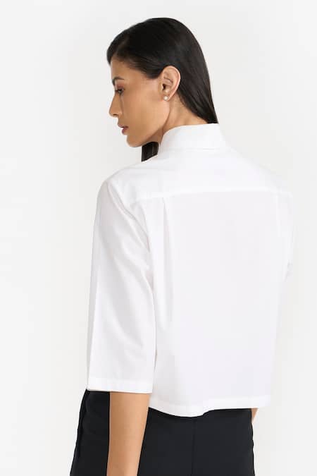 Shop Perona White Cotton Plain Collared Neck Penny Cropped Shirt at Aza Fashions Shop_Perona_White Cotton Plain Collared Neck Penny Cropped Shirt _at_Aza_Fashions