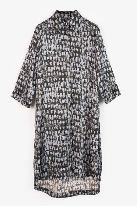 Buy Perona Black Cotton Print Abstract Collared Neck Smara Dress Buy_Perona_Black Cotton Print Abstract Collared Neck Smara Dress