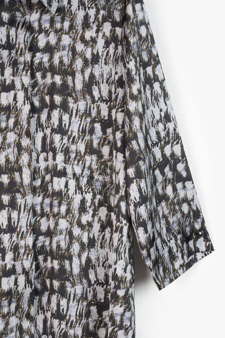 Shop Perona Black Cotton Print Abstract Collared Neck Smara Dress Shop_Perona_Black Cotton Print Abstract Collared Neck Smara Dress