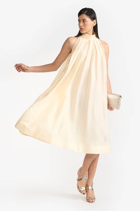 Perona_Yellow Cotton Plain Halter Neck Scarlett Draped Fluid Dress _Online_at_Aza_Fashions