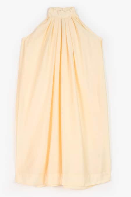 Buy_Perona_Yellow Cotton Plain Halter Neck Scarlett Draped Fluid Dress _Online_at_Aza_Fashions