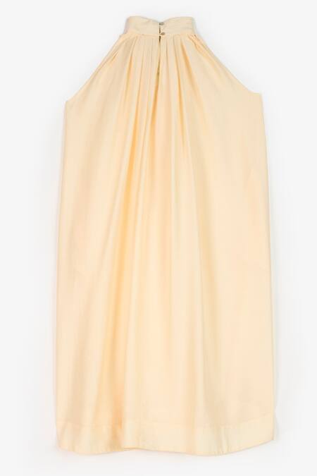 Perona_Yellow Cotton Plain Halter Neck Scarlett Draped Fluid Dress _at_Aza_Fashions