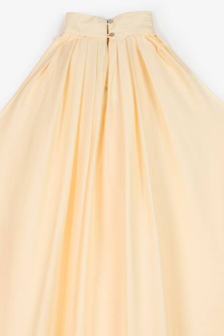 Buy_Perona_Yellow Cotton Plain Halter Neck Scarlett Draped Fluid Dress 