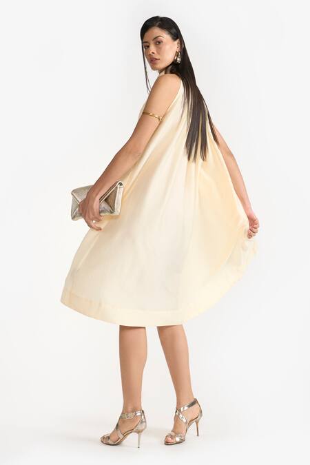 Shop_Perona_Yellow Cotton Plain Halter Neck Scarlett Draped Fluid Dress 