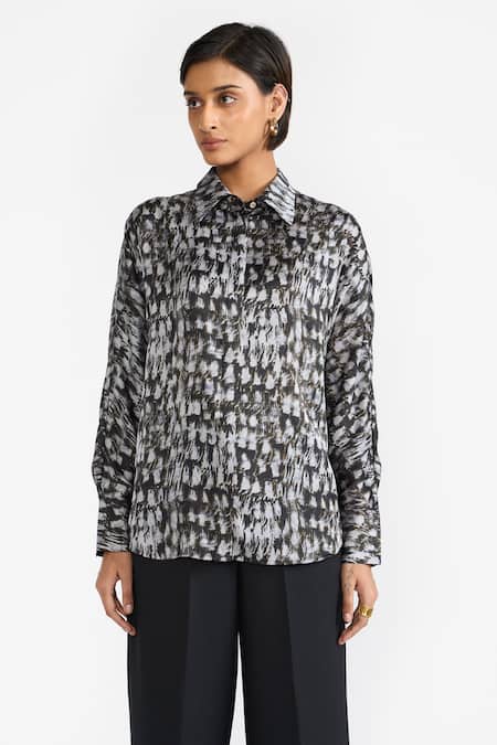 Shop_Perona_Black Cotton Print Abstract Collared Neck Seine Shirt _Online_at_Aza_Fashions
