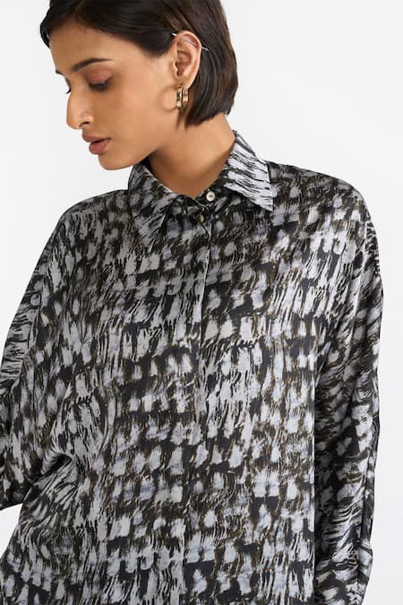 Perona_Black Cotton Print Abstract Collared Neck Seine Shirt _at_Aza_Fashions