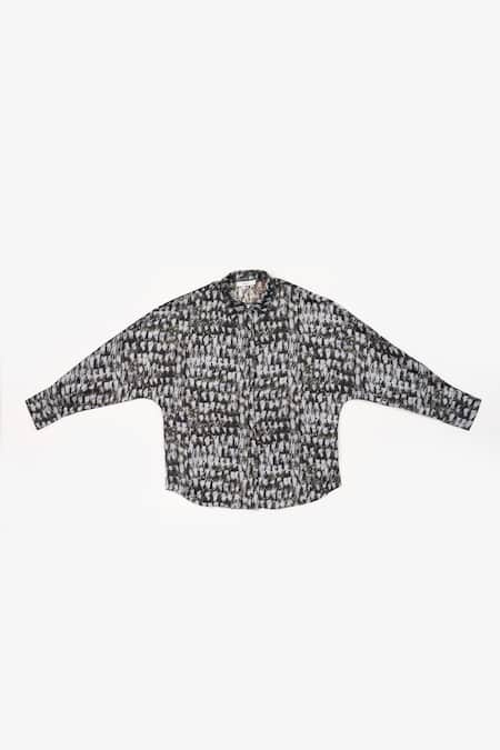 Buy_Perona_Black Cotton Print Abstract Collared Neck Seine Shirt 