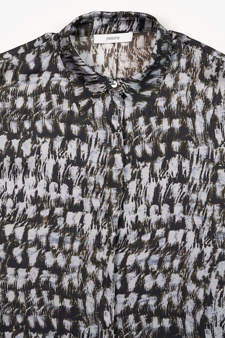 Shop_Perona_Black Cotton Print Abstract Collared Neck Seine Shirt 