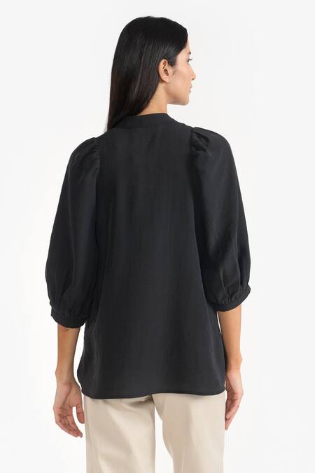 Shop Perona Black Cotton Plain Collared Neck Veronica Puff Sleeve Shirt at Aza Fashions Shop_Perona_Black Cotton Plain Collared Neck Veronica Puff Sleeve Shirt _at_Aza_Fashions