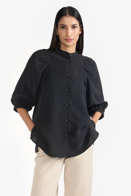 Perona Black Cotton Plain Collared Neck Veronica Puff Sleeve Shirt Online at Aza Fashions Perona_Black Cotton Plain Collared Neck Veronica Puff Sleeve Shirt _Online_at_Aza_Fashions