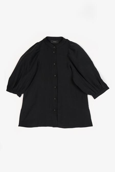 Buy Perona Black Cotton Plain Collared Neck Veronica Puff Sleeve Shirt Online at Aza Fashions Buy_Perona_Black Cotton Plain Collared Neck Veronica Puff Sleeve Shirt _Online_at_Aza_Fashions