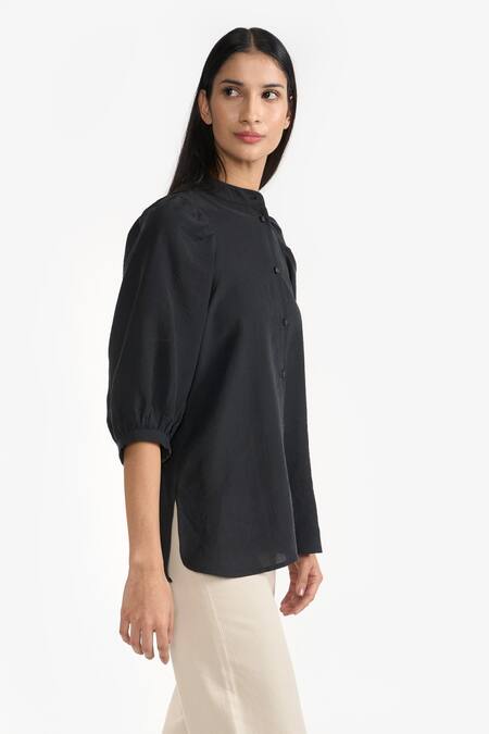 Perona Black Cotton Plain Collared Neck Veronica Puff Sleeve Shirt at Aza Fashions Perona_Black Cotton Plain Collared Neck Veronica Puff Sleeve Shirt _at_Aza_Fashions