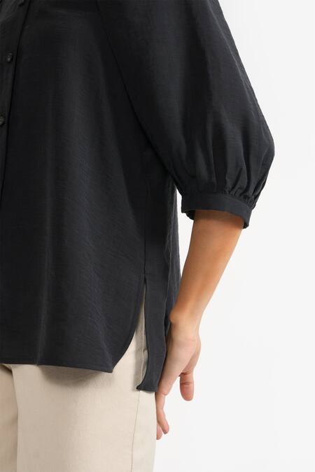 Buy Perona Black Cotton Plain Collared Neck Veronica Puff Sleeve Shirt Buy_Perona_Black Cotton Plain Collared Neck Veronica Puff Sleeve Shirt