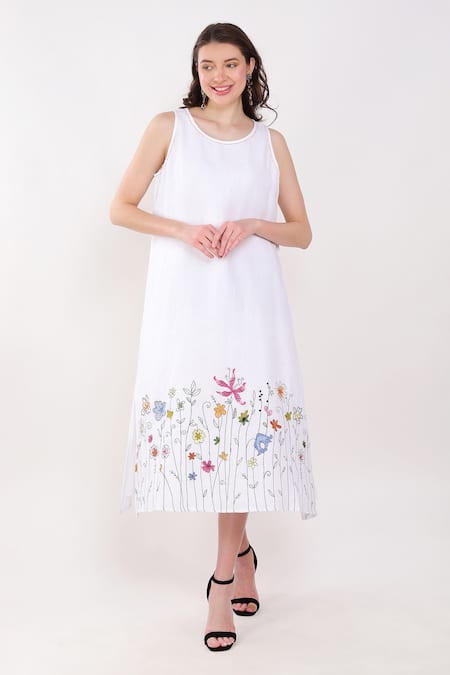 Linen Bloom White 100% Linen Embroidery Thread Round Neck Floral Border Dress 