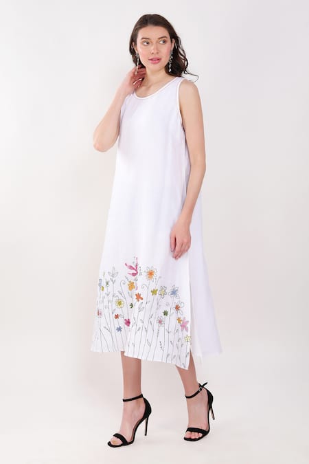 Linen Bloom White Linen Embroidery Round Neck Floral Border Dress Online at Aza Fashions Linen Bloom_White Linen Embroidery Round Neck Floral Border Dress _Online_at_Aza_Fashions