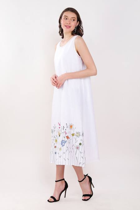 Buy Linen Bloom White Linen Embroidery Round Neck Floral Border Dress Online at Aza Fashions Buy_Linen Bloom_White Linen Embroidery Round Neck Floral Border Dress _Online_at_Aza_Fashions