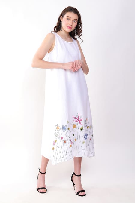 Shop Linen Bloom White Linen Embroidery Round Neck Floral Border Dress Online at Aza Fashions Shop_Linen Bloom_White Linen Embroidery Round Neck Floral Border Dress _Online_at_Aza_Fashions