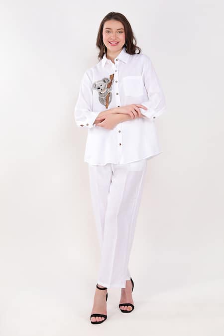 Linen Bloom White 100% Linen Embroidery Thread Collar Koala Placement Shirt