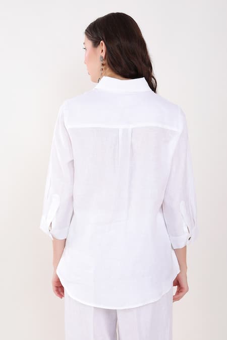 Shop_Linen Bloom_White Linen Embroidery Collared Koala Placement Shirt _at_Aza_Fashions