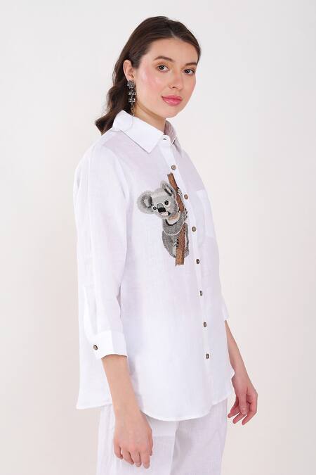 Shop_Linen Bloom_White Linen Embroidery Collared Koala Placement Shirt _Online_at_Aza_Fashions