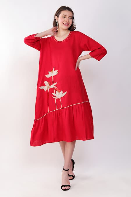 Linen Bloom Red 100% Linen Embroidery Thread Round Neck Floral Placement Dress