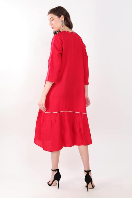 Linen Bloom Linen Floral Placement Embroidered Dress 