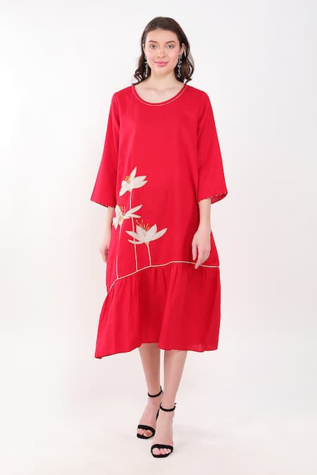 Linen Bloom_Red Linen Embroidery Round Neck Floral Placement Dress _Online_at_Aza_Fashions
