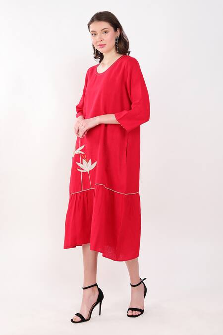 Buy_Linen Bloom_Red Linen Embroidery Round Neck Floral Placement Dress _Online_at_Aza_Fashions