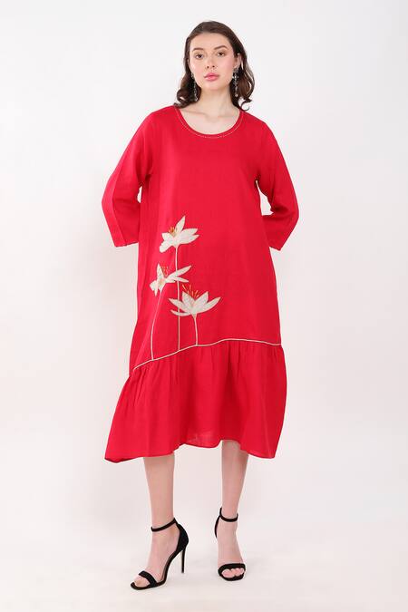 Shop_Linen Bloom_Red Linen Embroidery Round Neck Floral Placement Dress _Online_at_Aza_Fashions