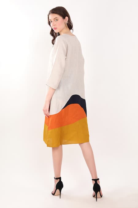 Shop Linen Bloom Beige Linen Embroidery Round Neck Big Leaf Placement Dress at Aza Fashions Shop_Linen Bloom_Beige Linen Embroidery Round Neck Big Leaf Placement Dress _at_Aza_Fashions