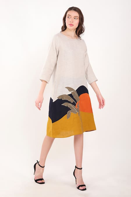 Linen Bloom Beige Linen Embroidery Round Neck Big Leaf Placement Dress Online at Aza Fashions Linen Bloom_Beige Linen Embroidery Round Neck Big Leaf Placement Dress _Online_at_Aza_Fashions