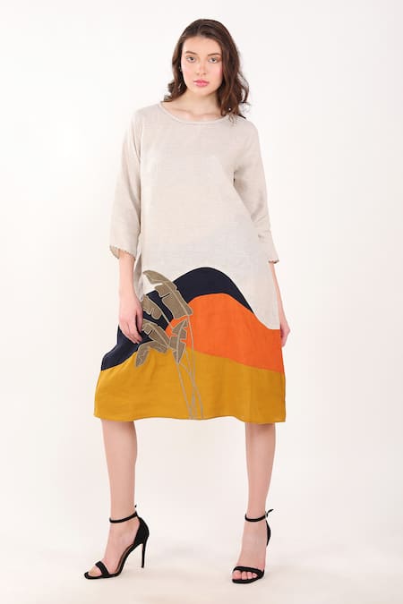 Buy Linen Bloom Beige Linen Embroidery Round Neck Big Leaf Placement Dress Online at Aza Fashions Buy_Linen Bloom_Beige Linen Embroidery Round Neck Big Leaf Placement Dress _Online_at_Aza_Fashions