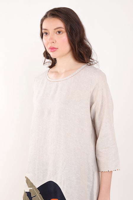 Shop Linen Bloom Beige Linen Embroidery Round Neck Big Leaf Placement Dress Online at Aza Fashions Shop_Linen Bloom_Beige Linen Embroidery Round Neck Big Leaf Placement Dress _Online_at_Aza_Fashions