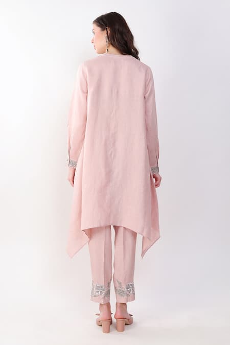 Shop_Linen Bloom_Pink Linen Sequins, Embroidery Round Neck Border Kurta And Pant Set _at_Aza_Fashions