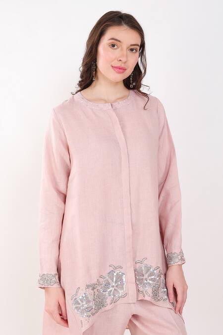 Shop_Linen Bloom_Pink Linen Sequins, Embroidery Round Neck Border Kurta And Pant Set _Online_at_Aza_Fashions