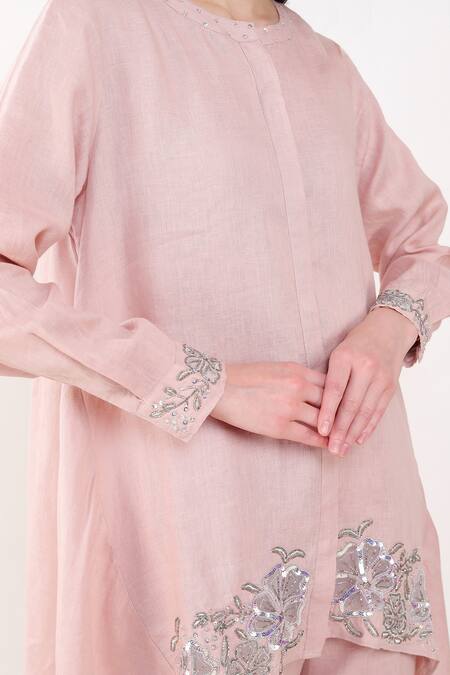 Linen Bloom_Pink Linen Sequins, Embroidery Round Neck Border Kurta And Pant Set _at_Aza_Fashions