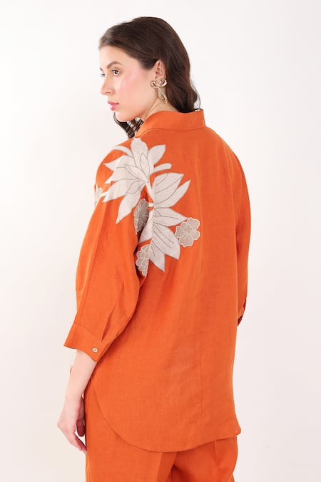 Shop Linen Bloom Orange Linen Embroidery Collared Floral Patchwork Shirt at Aza Fashions Shop_Linen Bloom_Orange Linen Embroidery Collared Floral Patchwork Shirt _at_Aza_Fashions